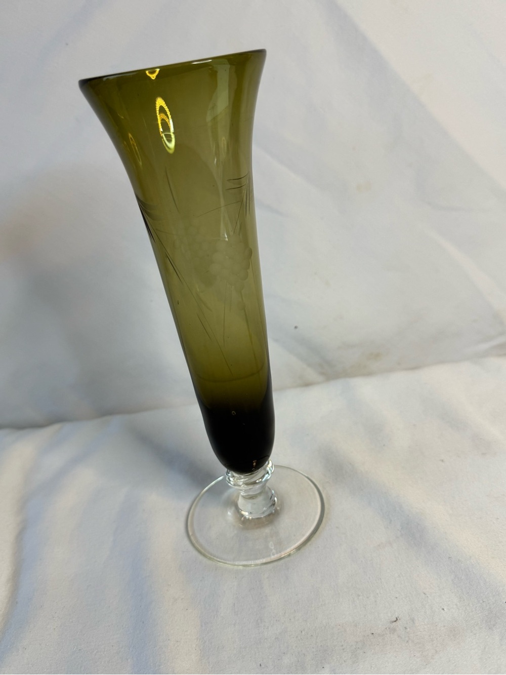 vintage Mid Cen olive green and black ombré clear glass fluted pedestal bud vas